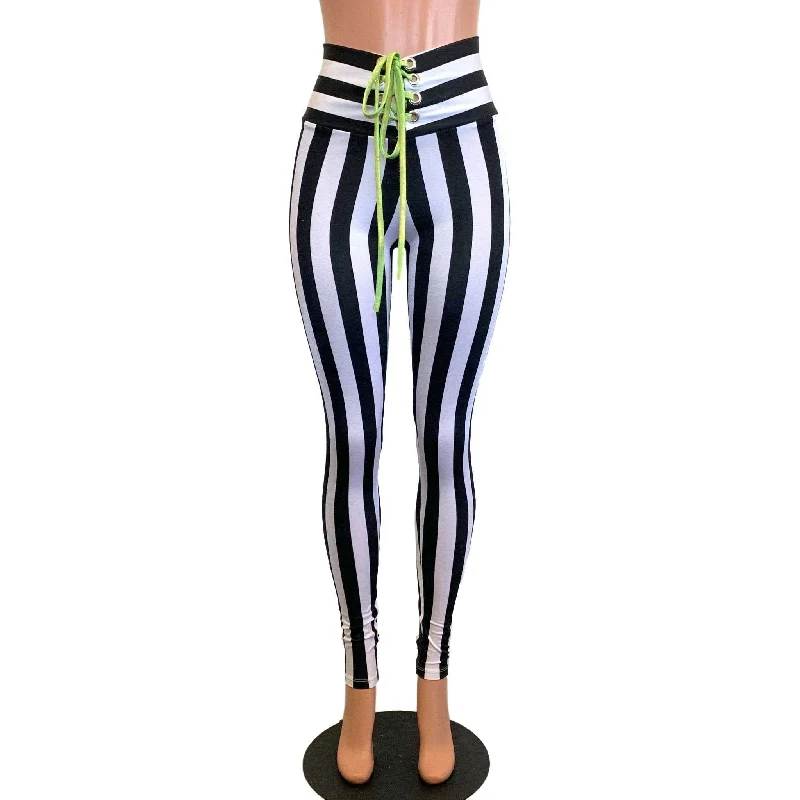 Weekend Deals That Sparkle Lace-Up High Waist Leggings - Black & White Striped