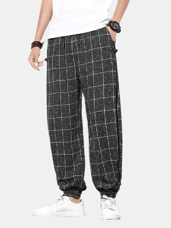 Time-Limited Offer Mens Plaid Print Buckle Casual Elastic Waist Drawstring Beam Feet Pants