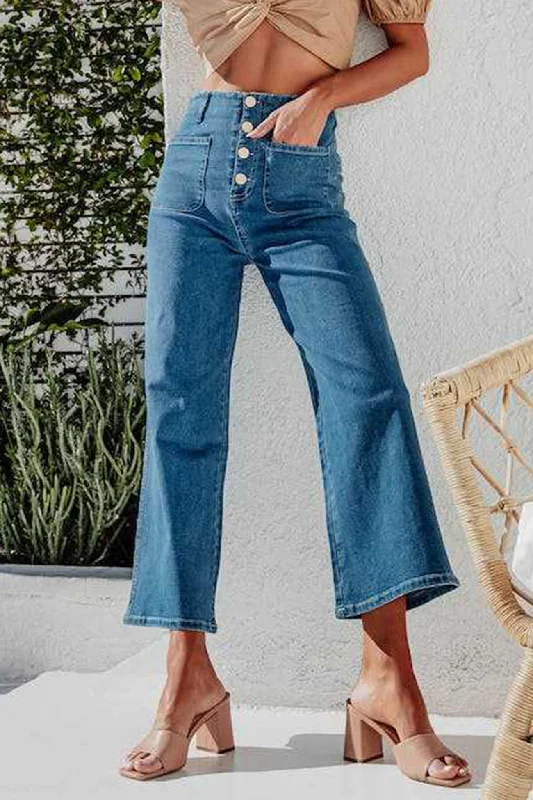 Hurry In Single-breasted High Waist Cropped Jeans