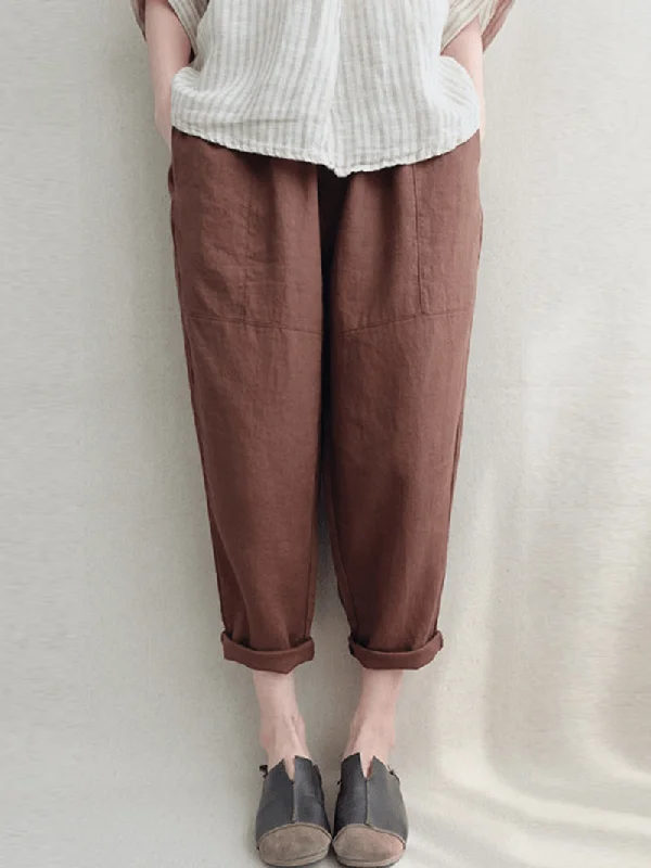 Weekend Specials to Savor Women Vintage High Elastic Waist Solid Loose Cotton Harem Pants