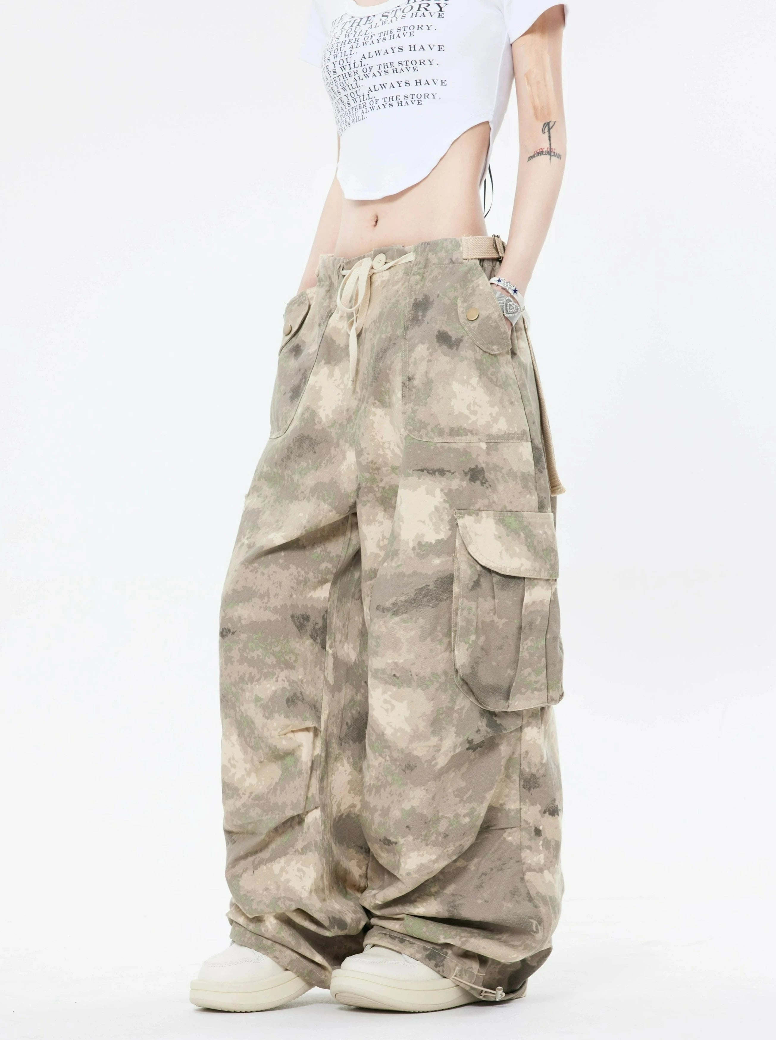 Weekend Steals Await Faded Camo Baggy Cargo Pants with Drawstring