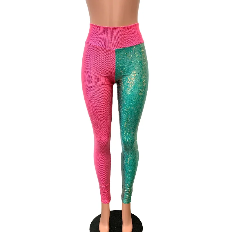 Weekend Savings Delight Holographic Colorblock Leggings - Pink and Jade Shattered Glass