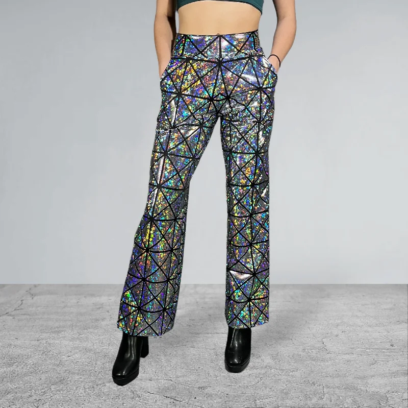 Weekend Deals That Dazzle Silver on Black Glass Pane Holographic Straight Wide Leg Relaxed Fit Pants Weekend Deals That Dazzle Silver on Black Glass Pane Holographic Straight Wide Leg Relaxed Fit Pants