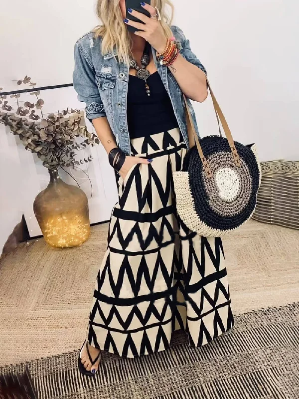 Special Price Triangle Printed Back Waist Graceful Elasticated Pocket Maxi Skirt