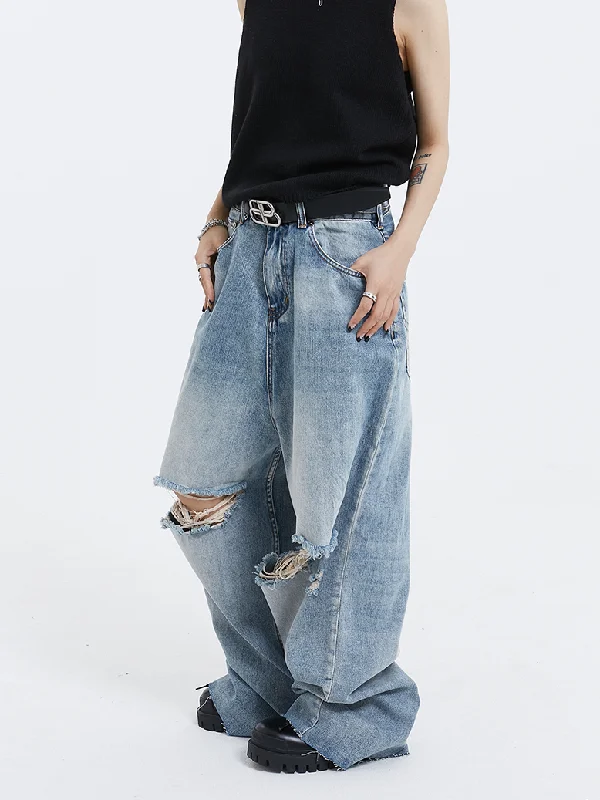 Weekend Savings Galore Distressed Ripped Knee Wide-Leg Denim Jeans