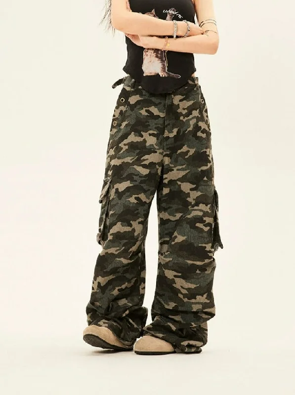 Savings Soar This Weekend Camouflage Cargo Trousers with Double Side Belt Straps