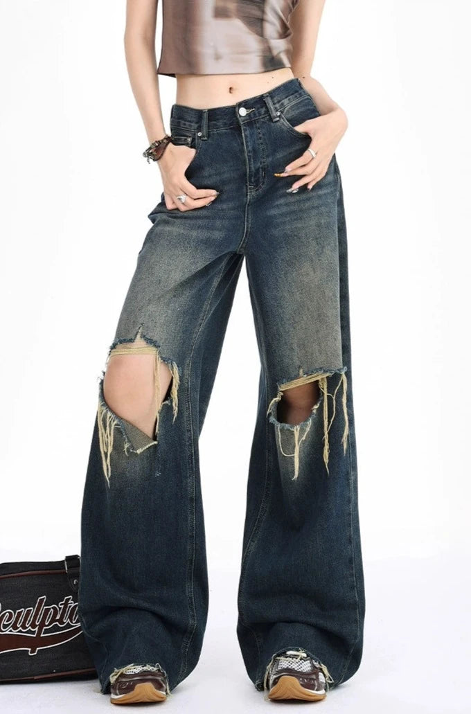 Weekend Discounts to Relish Distressed Wide-Leg Denim Jeans with Raw Hems