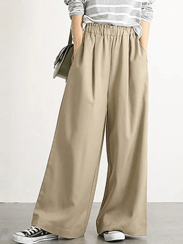 Top Pick Women Casual Solid Color Elastic Waist Wide Leg Pants with Pocket