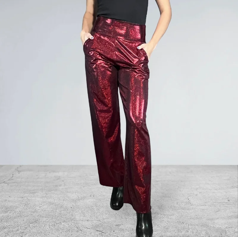 Weekend Deals That Spark Dark Red Burgundy Sparkle Straight Wide Leg Relaxed Fit Pants - Optional Pockets