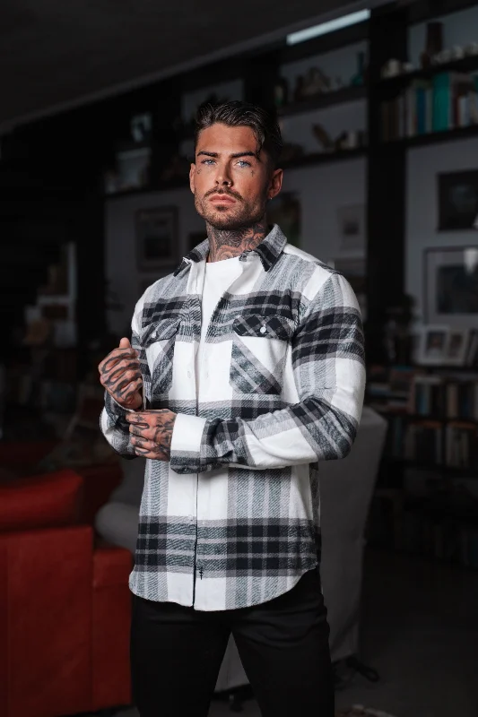 Exclusive Offers Father Sons Heavy Brushed Off White / Grey Check Shacket With Double Pockets - FS1034 Exclusive Offers Father Sons Heavy Brushed Off White / Grey Check Shacket With Double Pockets - FS1034