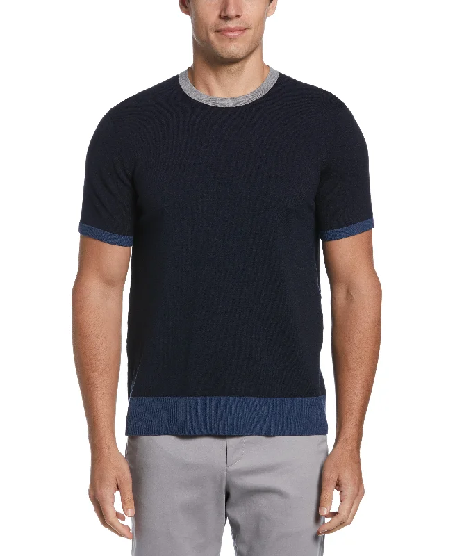 Steal Deal Tech Knit Contrast Ribbed Crew Neck Sweater Tee