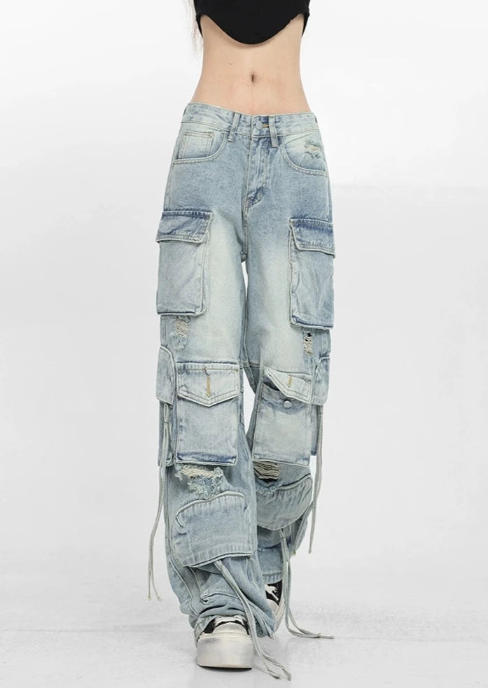 Weekend Savings Spectacular Patchwork Denim Cargo Pants with Strap Details