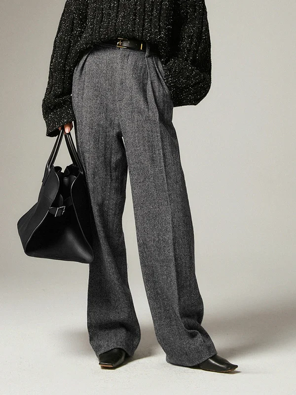 Weekend Shopping Made Better Herringbone Pockets Wide Trendy Leg Dress Pants
