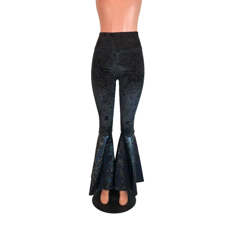 Year-End Clearance High Waist Bell Bottoms - Black Crushed Velvet w/ Black Shattered Glass