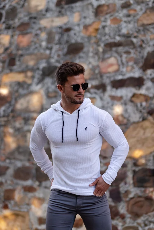 Special Price Father Sons Classic White Ribbed Knit Hoodie Jumper With Black Decal - FSH540