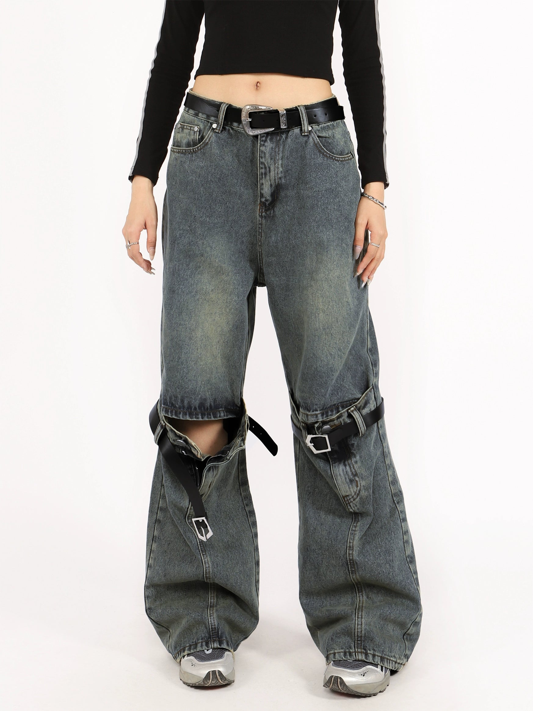 Weekend Savings Delight Button Belted Knee-Cutout Straight Faded Jeans