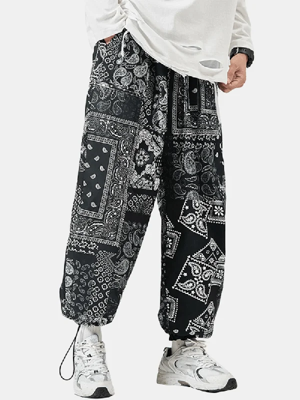 Year-End Deals Mens Paisley Ethnic Print Cotton Relaxed Fit Drawstring Cuff Pants