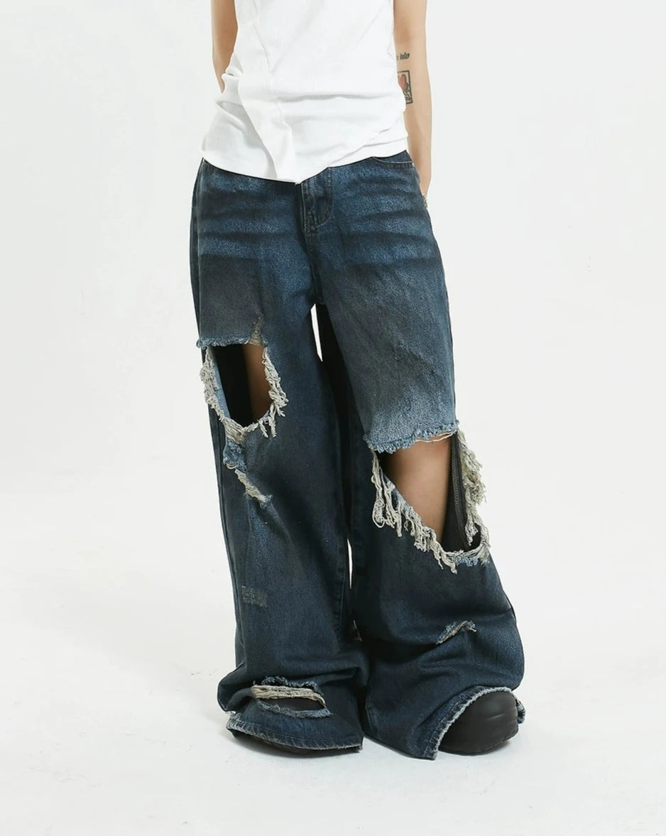 Weekend Specials You Can't Miss Wide-Leg Distressed Knee-Blown Denim Jeans