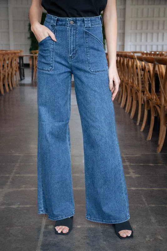 Year-End Clearance Milla Patch Pocket Flare Jeans, Dark Denim