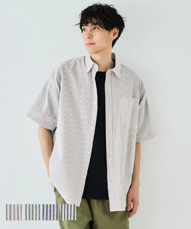 Online Only シャツ メンズ ストライプ レギュラーカラー ゆったり 半袖 ボタン 羽織り シンプル ミディアム丈 無地 薄手 メール便不可 24ss coca コカ