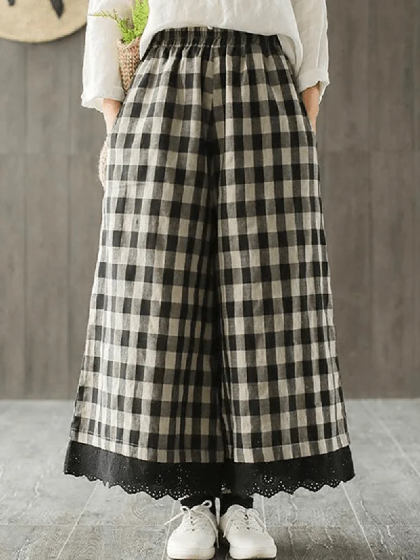 Reduced Price Wide Leg Women Plaid Elastic Waist Pockets Pants