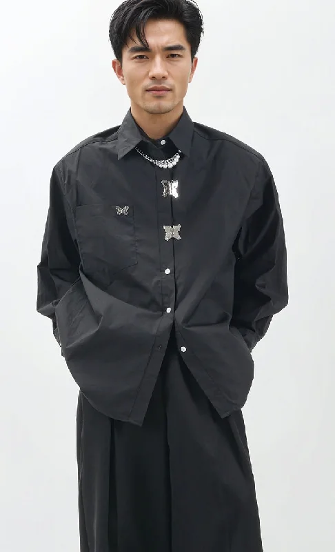 The Best Prices Oversized Shoulder-Padded Shirt with Metallic Brooch Accents