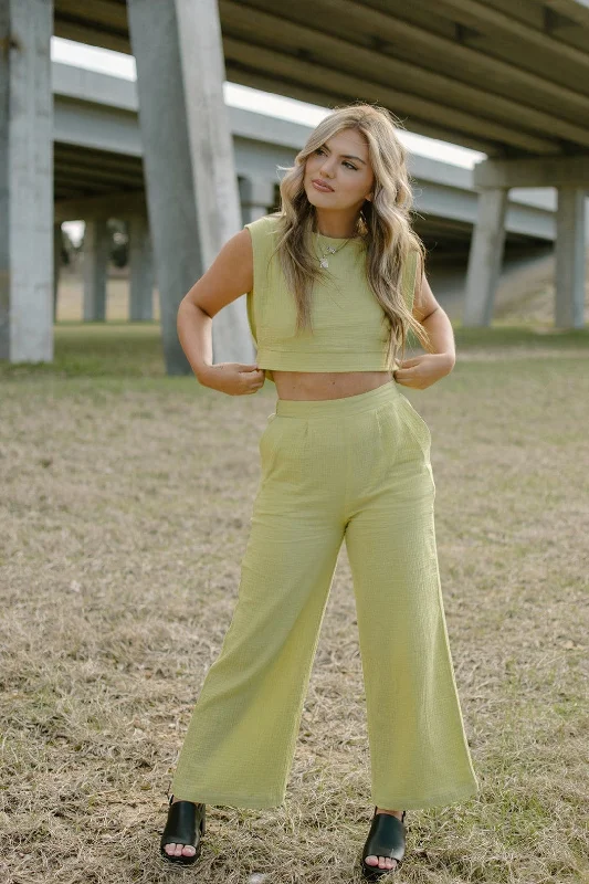 Weekend Savings Bonanza Lime Linen Set High Waist Pants