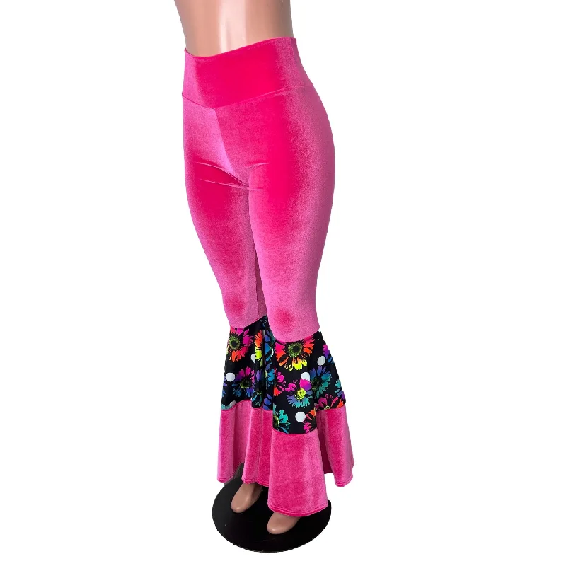 Deal of the Day Tiered Bell Bottom Flares - Neon Hot Pink Velvet w/ Polka Dot Electric Daisy