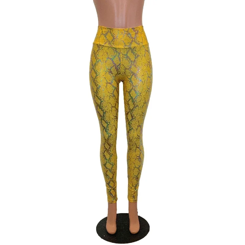 Weekend Shopping Made Better High Waist Leggings - Yellow Snakeskin Holographic