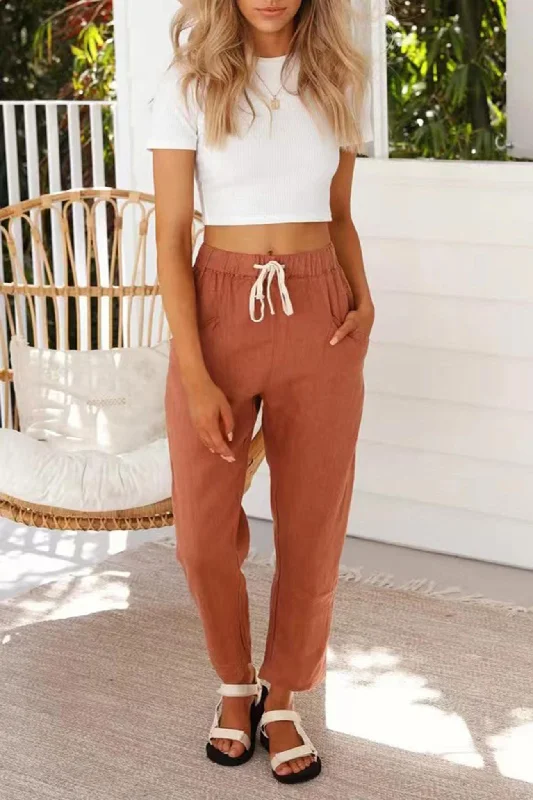 Online Exclusive Solid Color Elastic Waist Long Pants