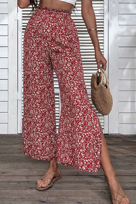 Flash Deal Ditsy Floral Slit Paperbag Waist Wide Leg Pants
