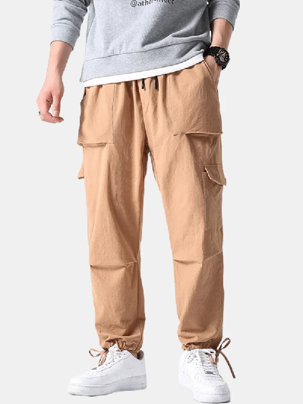 Weekend Deals to Make You Happy Mens Black Loose Drawstring Elastic Waist Multi Pocket Casual Pants