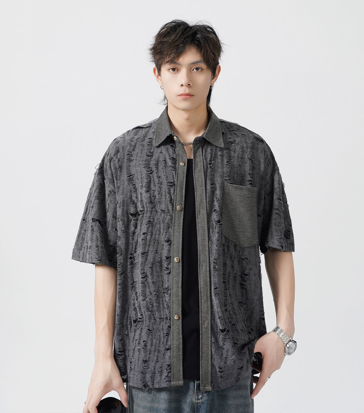 Daily Deals Slim Distressed Textured Button-Down Short Sleeve Shirt