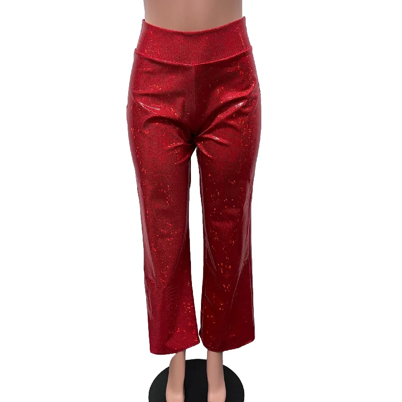 Weekend Deal Red Shattered Glass Holographic Straight Wide Leg Pants - Optional Pockets