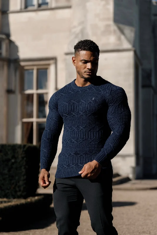 Mega Sale Father Sons Navy Knitted Cable Link Crew Super Slim Jumper With Metal Decal - FSN069 Mega Sale Father Sons Navy Knitted Cable Link Crew Super Slim Jumper With Metal Decal - FSN069