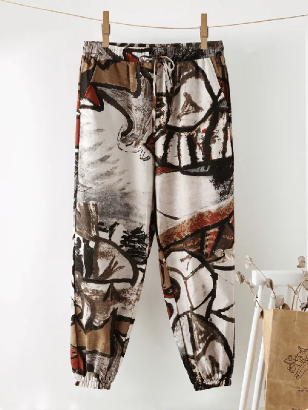 Exclusive Offer Ethnic Graffiti Print Drawstring Pocket Elastic Waist Harem Pants for Women