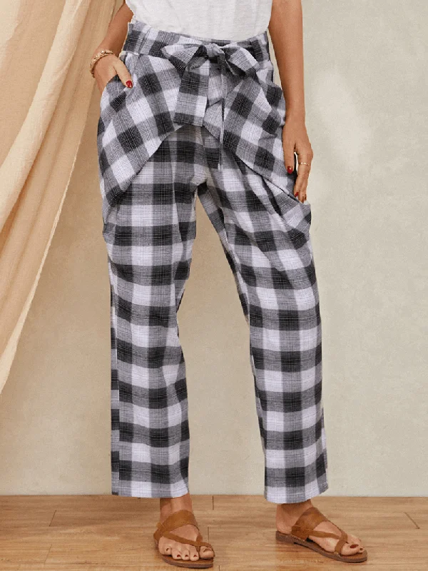 Weekend Bargains to Celebrate Plaid Print Knotted Pocket High Waist Loose Casual Pants for Women