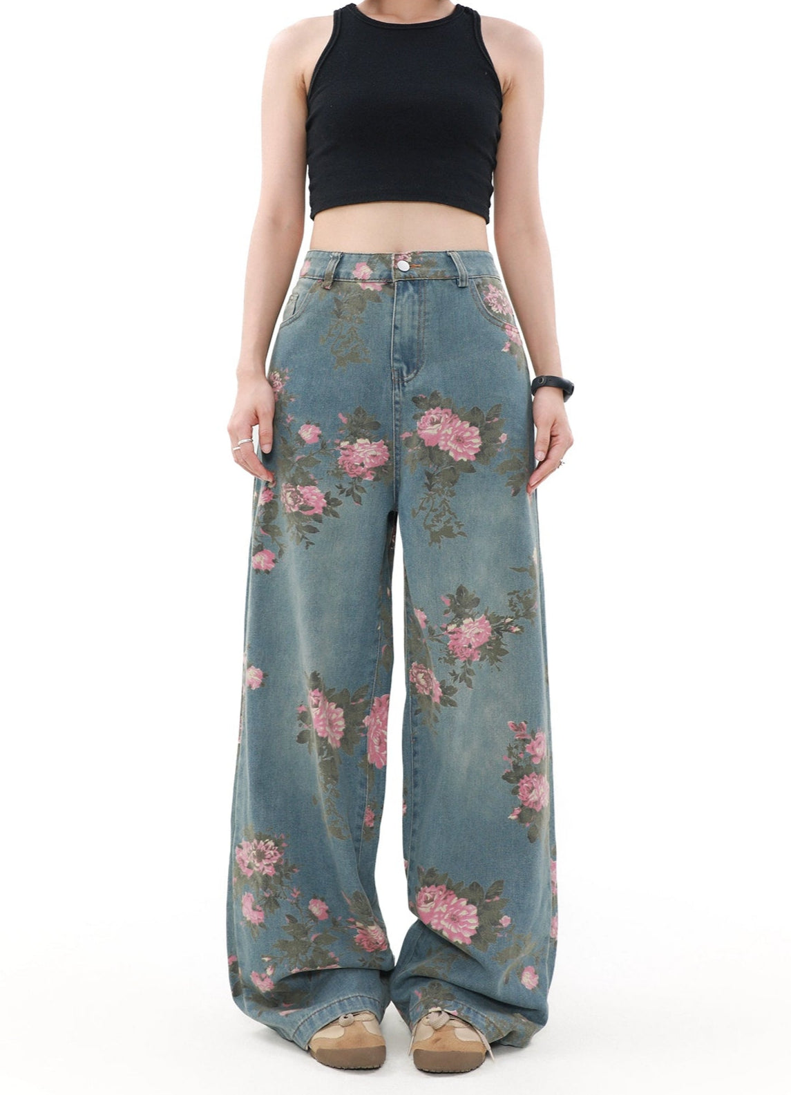 Top Pick Wide Leg Vintage Floral Print Denim Jeans