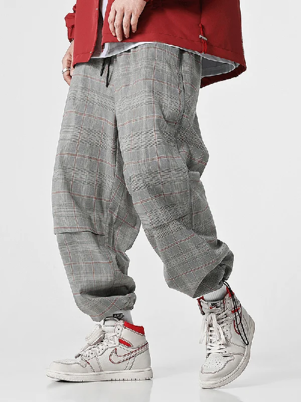 Steal Deal Mens Plaid Pleated Pocket Drawstring Cuff Casual Pants