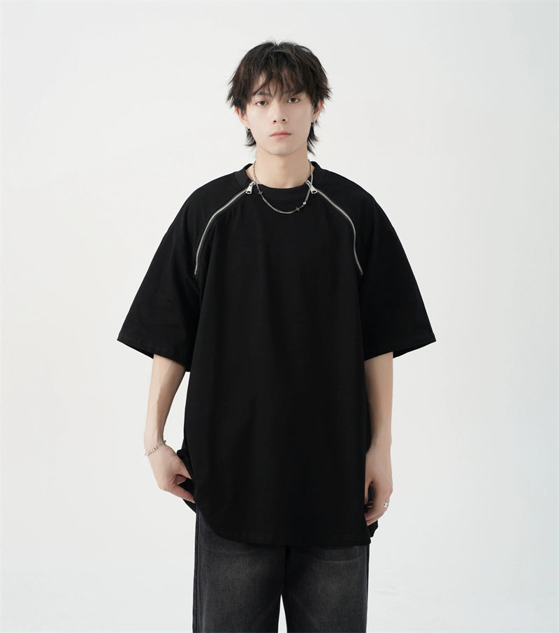 Mega Sale Oversized Black T-Shirt with Zipper Shoulder Detail