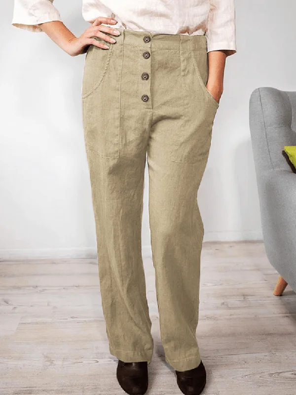 Stock Up Women Solid Color Elastic Waist Button Loose Casual Pocket Pants