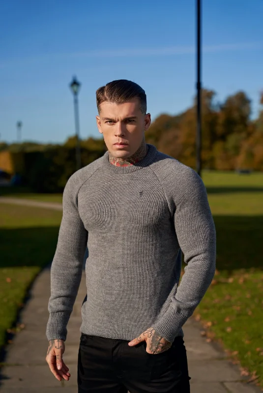 Buy More, Save More Father Sons Grey Knitted Raglan Crew Super Slim Jumper With Metal Decal - FSJ054 Buy More, Save More Father Sons Grey Knitted Raglan Crew Super Slim Jumper With Metal Decal - FSJ054