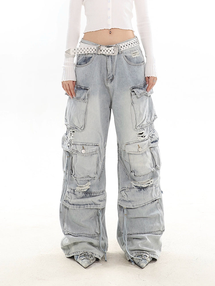 Weekend Savings Extravaganza Distressed Wide-Leg Denim Cargo Jean Pants