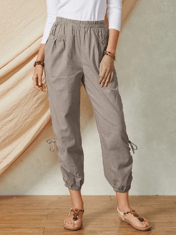 Year-End Sale Solid Color Pocket Elastic Waist Drawstring Design Casual Cotton Women Pants Year-End Sale Solid Color Pocket Elastic Waist Drawstring Design Casual Cotton Women Pants