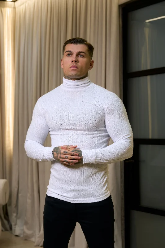 Stock Clearance Father Sons Classic White Ribbed Knit Roll-neck Jumper - FSH592