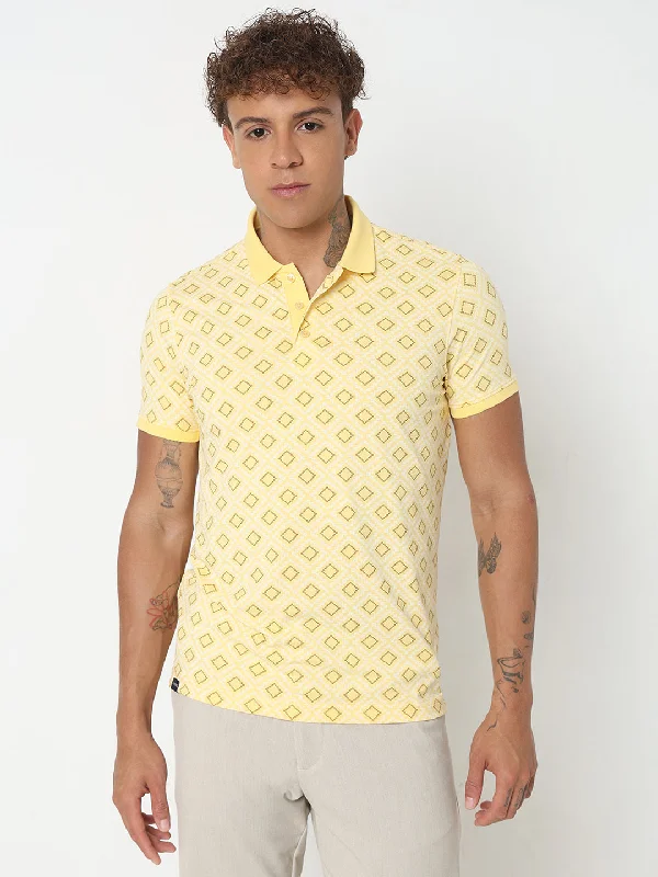 Don't Wait Spykar Slim Fit Printed Polo Collar Yellow T-Shirt For Men