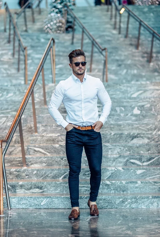 Super Deal Father Sons Classic White Stretch Shirt with Button Down Collar and White Embroidery - FS562