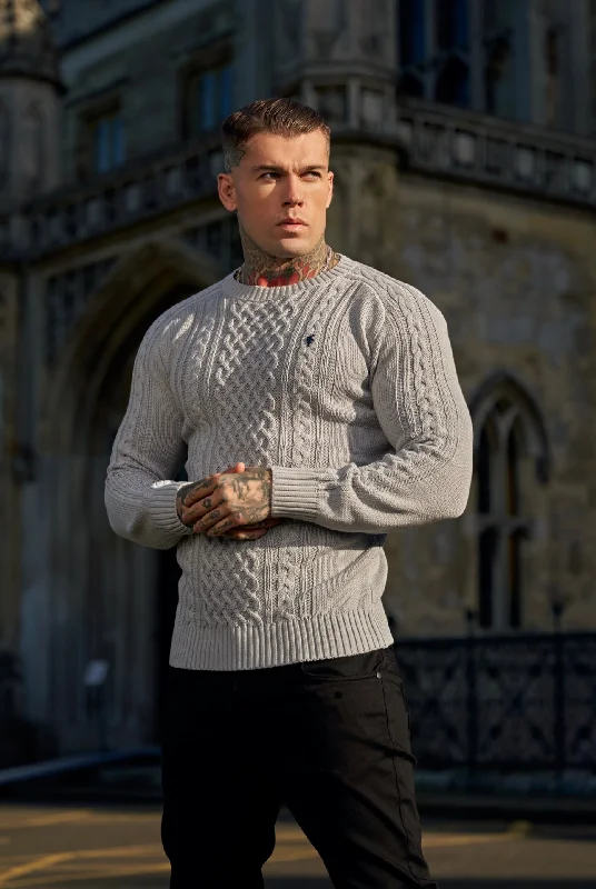 Blowout Deals Father Sons Grey Knitted Cable Saddle Crew Super Slim Jumper With Metal Decal - FSN077 Blowout Deals Father Sons Grey Knitted Cable Saddle Crew Super Slim Jumper With Metal Decal - FSN077