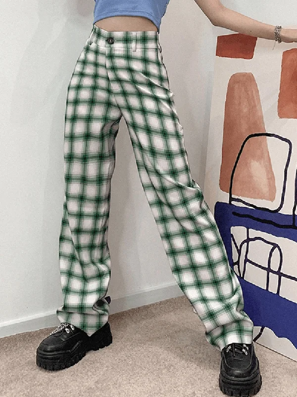 Weekend Savings Spectacular Women Plaid Print Hight Waist Zipper Fly Suit Trousers Wide Leg Pants