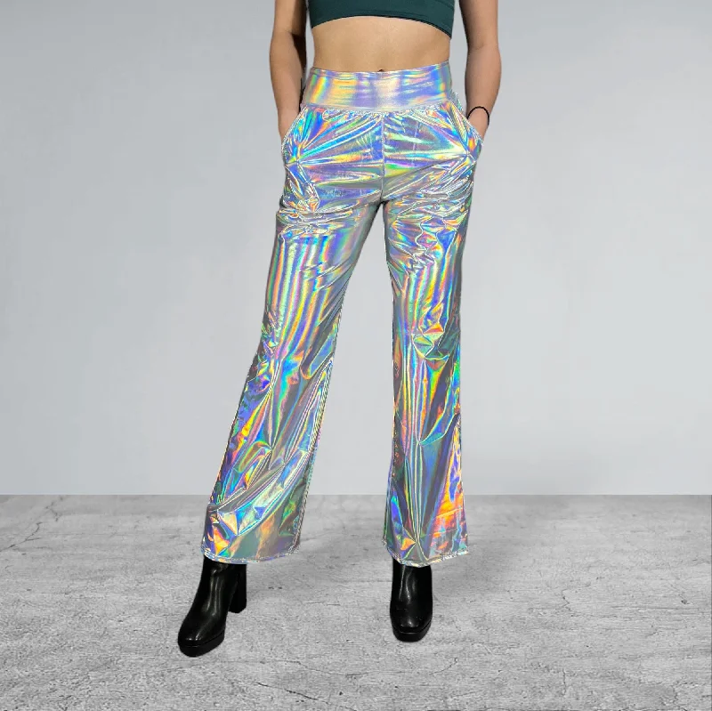 Weekend Discounts to Delight Opal Iridescent Holographic Straight Wide Leg Relaxed Fit Pants